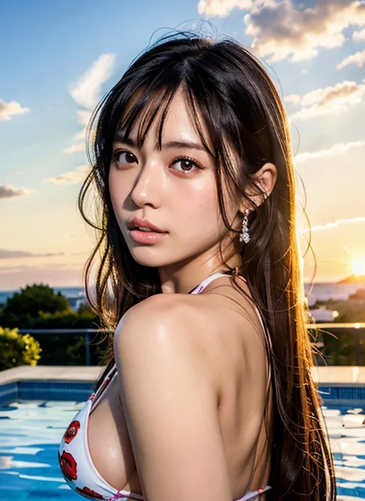 夕焼けに映える美女
